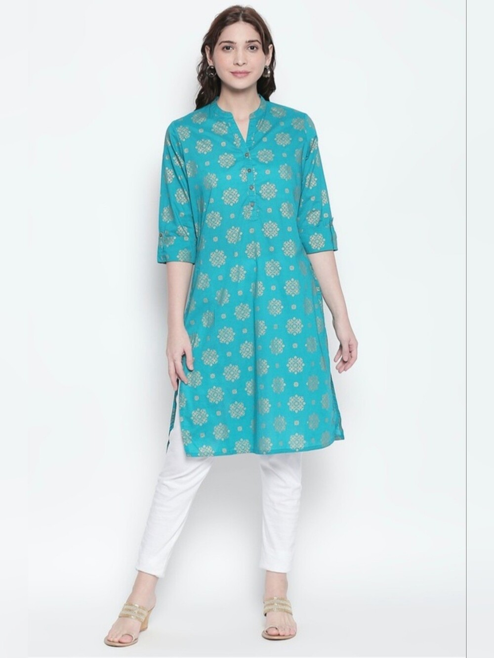 Turquoise Floral Print Women Tunic- Teal Patterned Kurta Style 100% Cotton